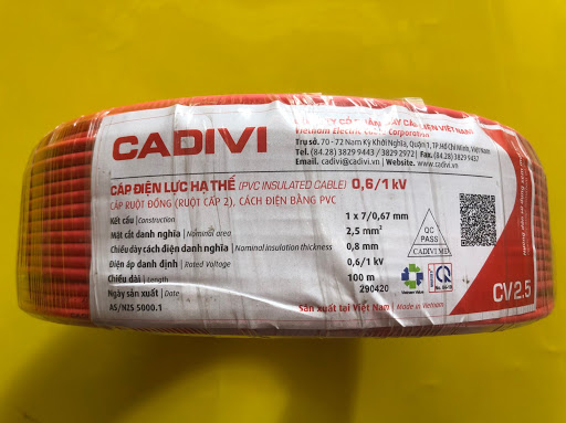 Dây cáp điện Cadivi CV-2.5 màu đỏ, ruột đồng cách điện PVC,  cuộn 100m